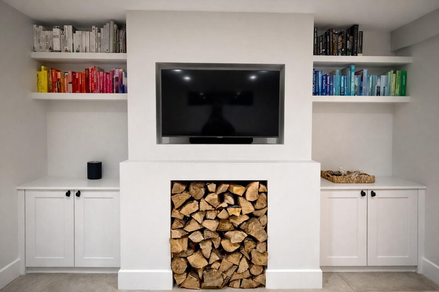 Floating shelves, log store and media wall unit in painted finish